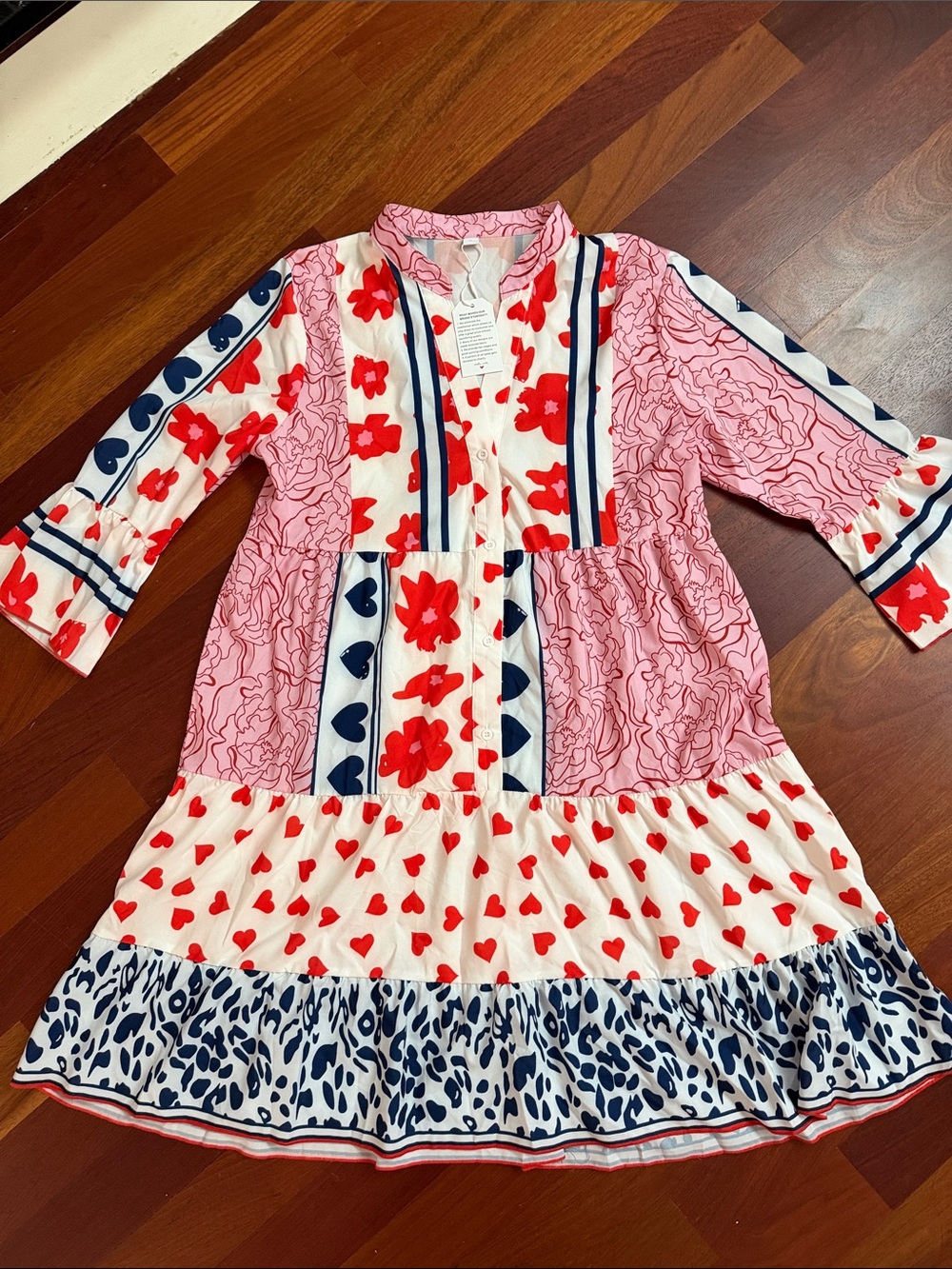 Girls' Mixed Print Heart & Floral Tiered Dress - Pink, Red & Navy